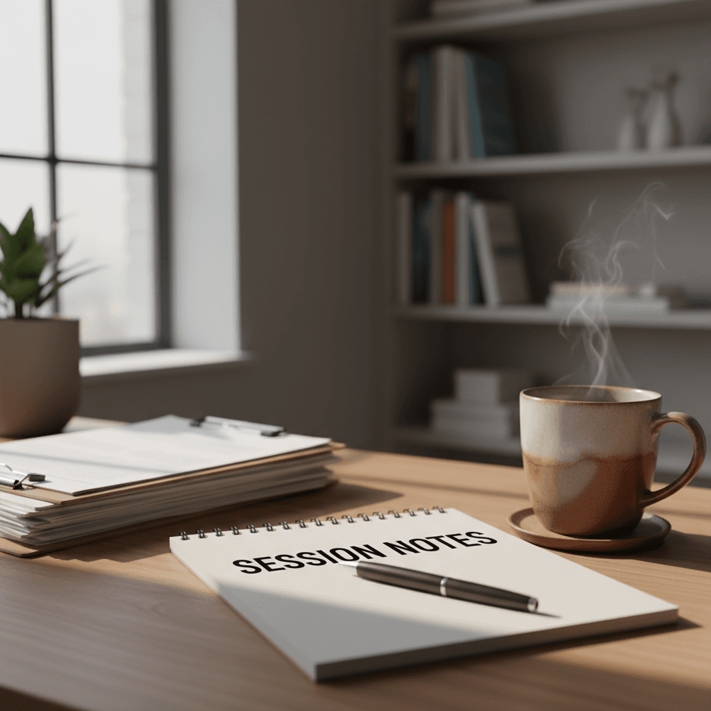 Therapist's workspace showing clinical notes and materials