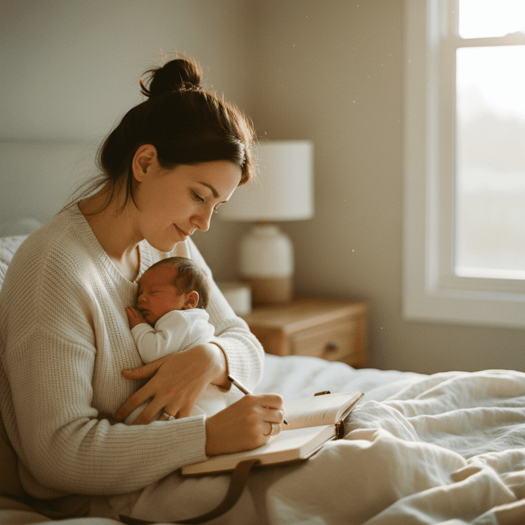 New mother journaling while holding her baby during a quiet moment
