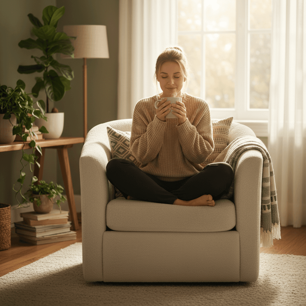Woman in a comfortable home setting looking peaceful during her day