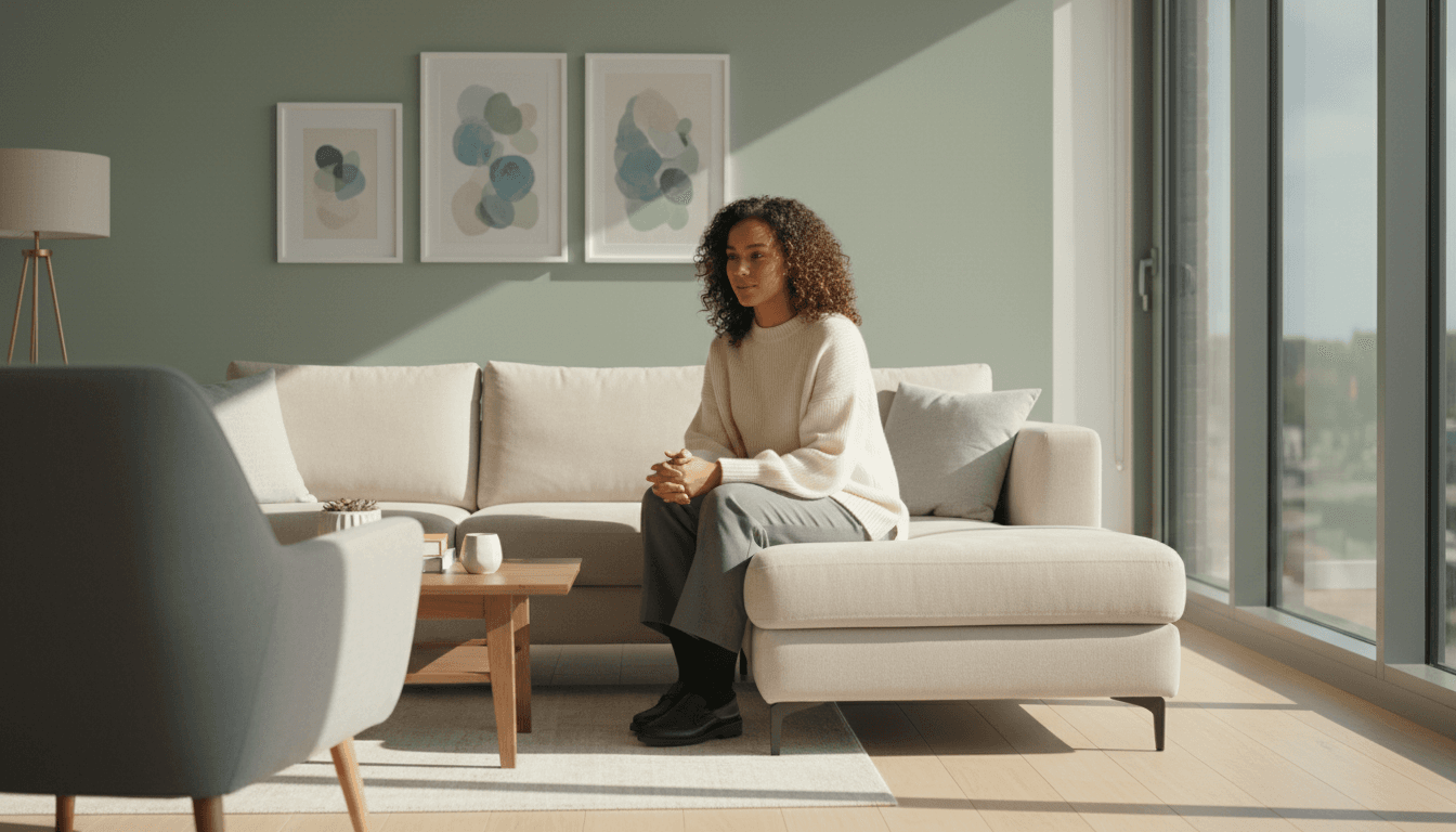 Young woman seated comfortably in modern therapy office with natural light, conveying calm and emotional safety in counseling setting