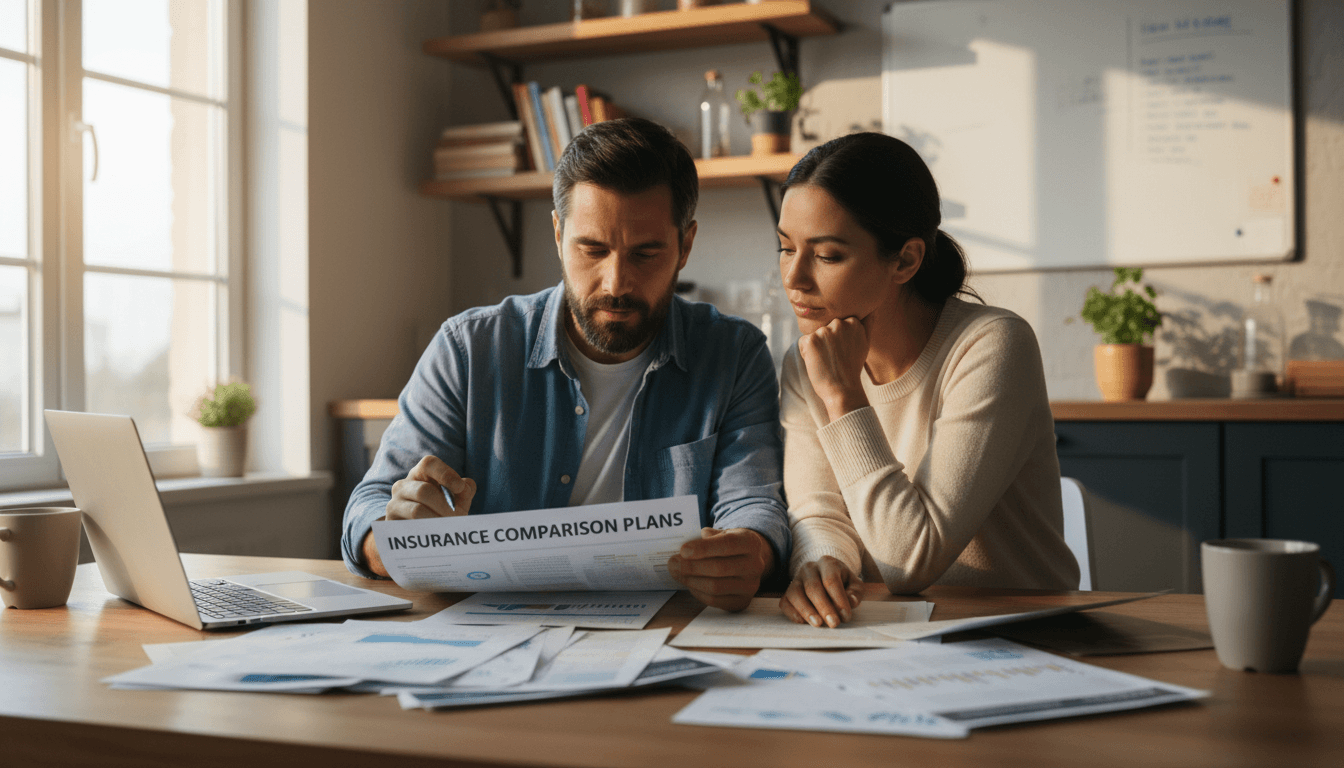 Couple at kitchen table reviewing and discussing insurance coverage options and comparison charts together