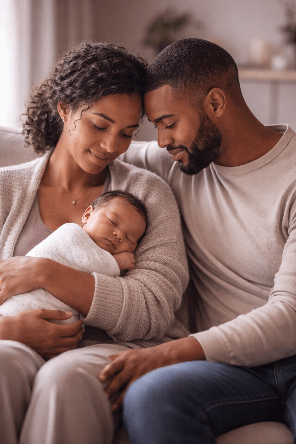 A Black mother and father sit together, looking lovingly at their sleeping newborn baby.